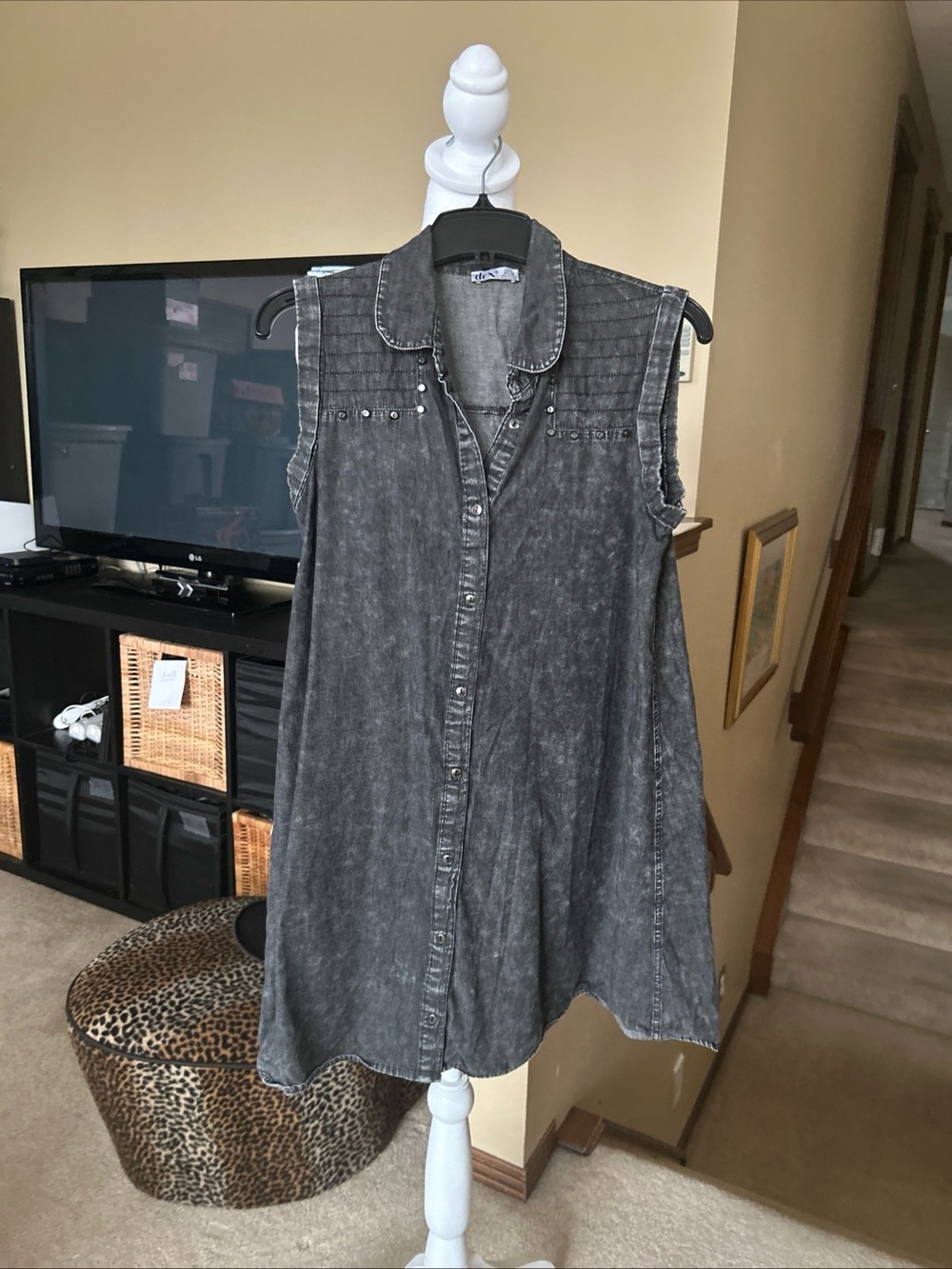 Sleeveless Acid Washed Black Denim Mini Dress/Long shirt/ Button-up